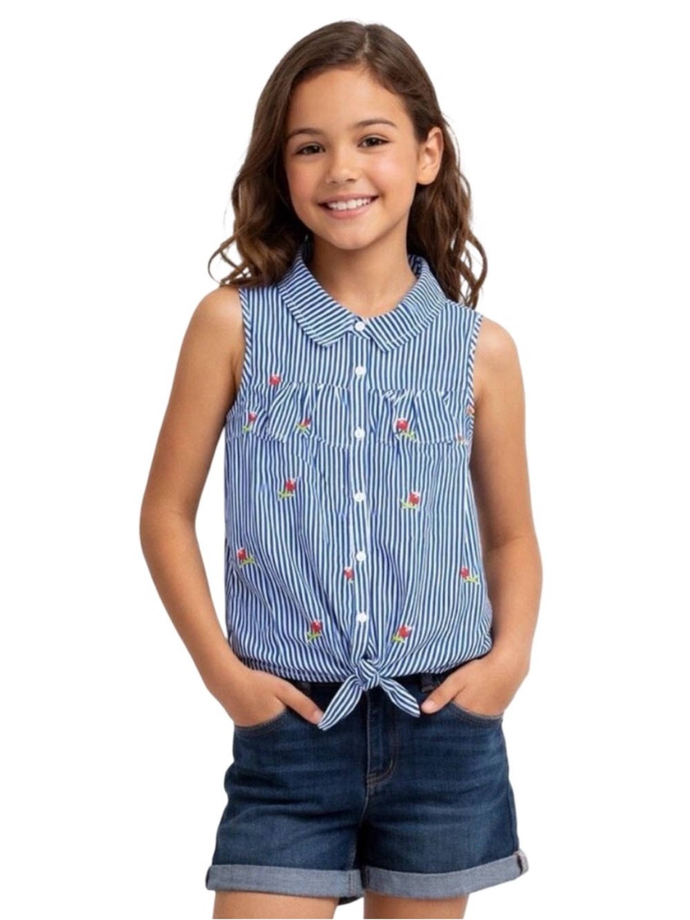 Hayden girls Sleeveless Blue & White Seersucker Embroidered Tie-Front Top - 7/8